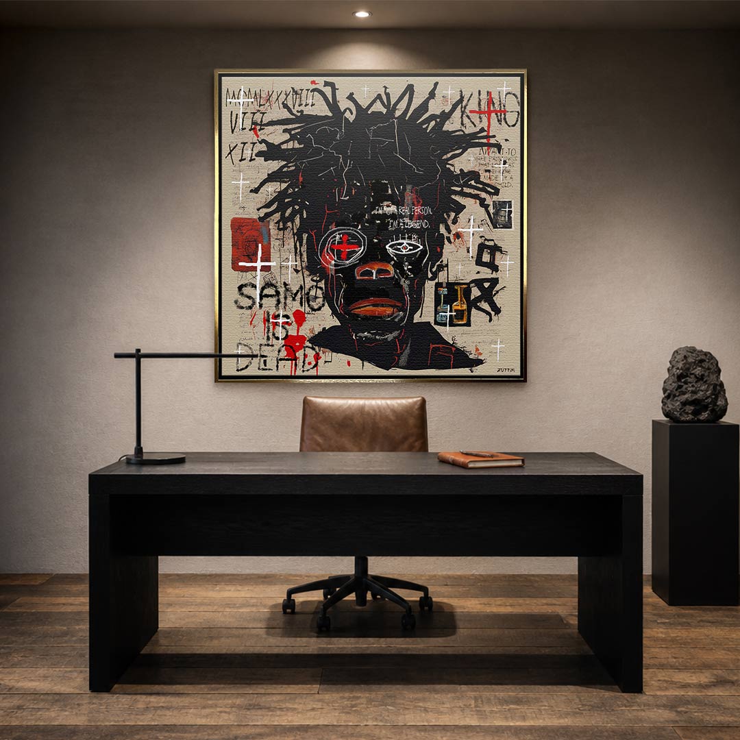Obraz na płótnie Black Legend, wydruk galeryjny w stylu Jean-Michel Basquiat, nowoczesna sztuka neoekspresjonistyczna, czarny portret graffiti, marka Huephant.