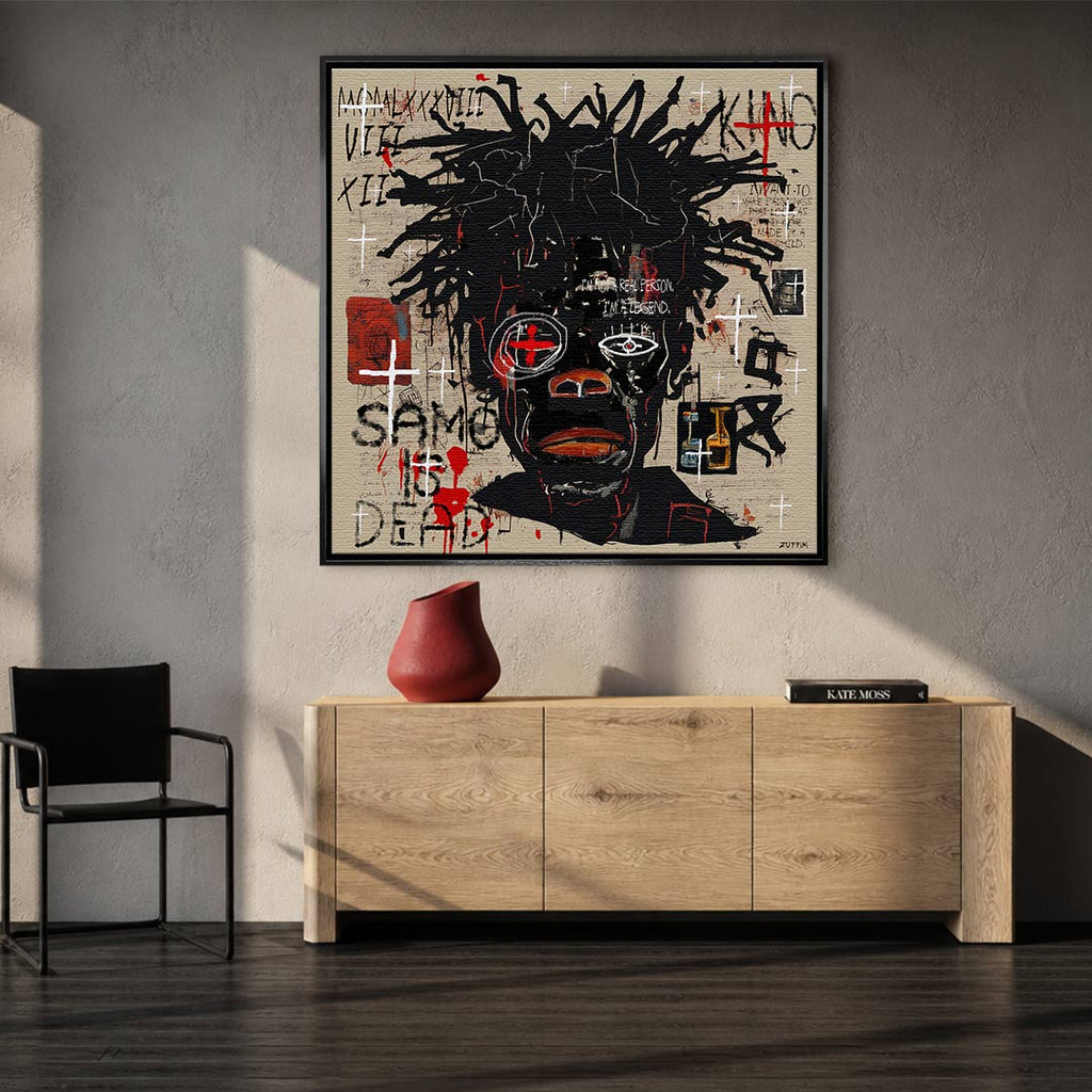 Obraz na płótnie Black Legend, wydruk galeryjny w stylu Jean-Michel Basquiat, nowoczesna sztuka neoekspresjonistyczna, czarny portret graffiti, marka Huephant.