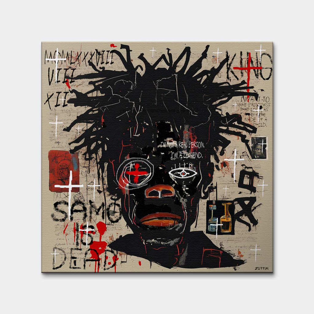 Obraz na płótnie Black Legend, wydruk galeryjny w stylu Jean-Michel Basquiat, nowoczesna sztuka neoekspresjonistyczna, czarny portret graffiti, marka Huephant.