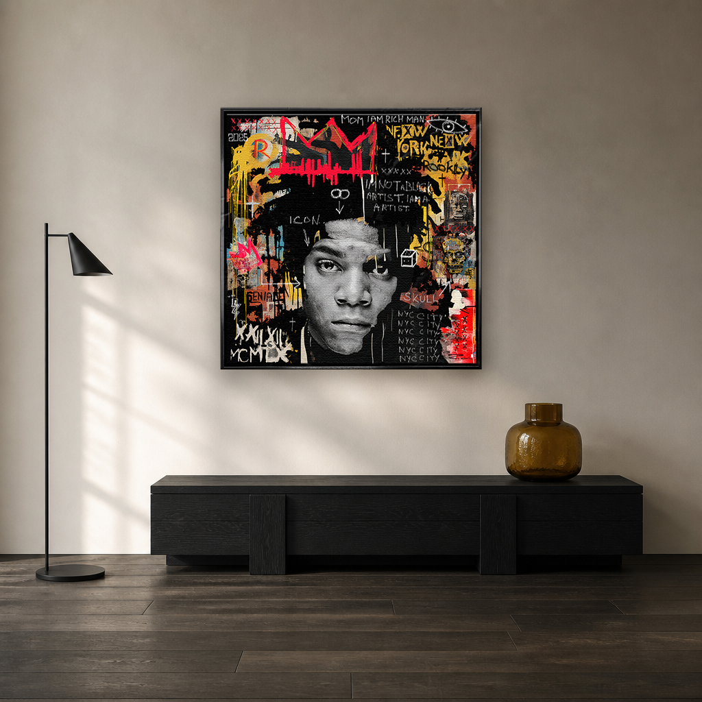 Nowoczesny obraz na płótnie przedstawiający portret artysty w stylu pop-art z czerwoną koroną, wydruk galeryjny Huephant, sztuka nowoczesna do biura.