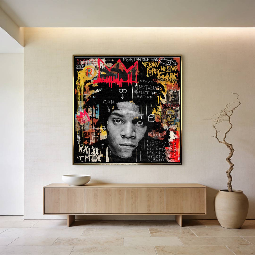 Nowoczesny obraz na płótnie przedstawiający portret artysty w stylu pop-art z czerwoną koroną, wydruk galeryjny Huephant, sztuka nowoczesna do biura.