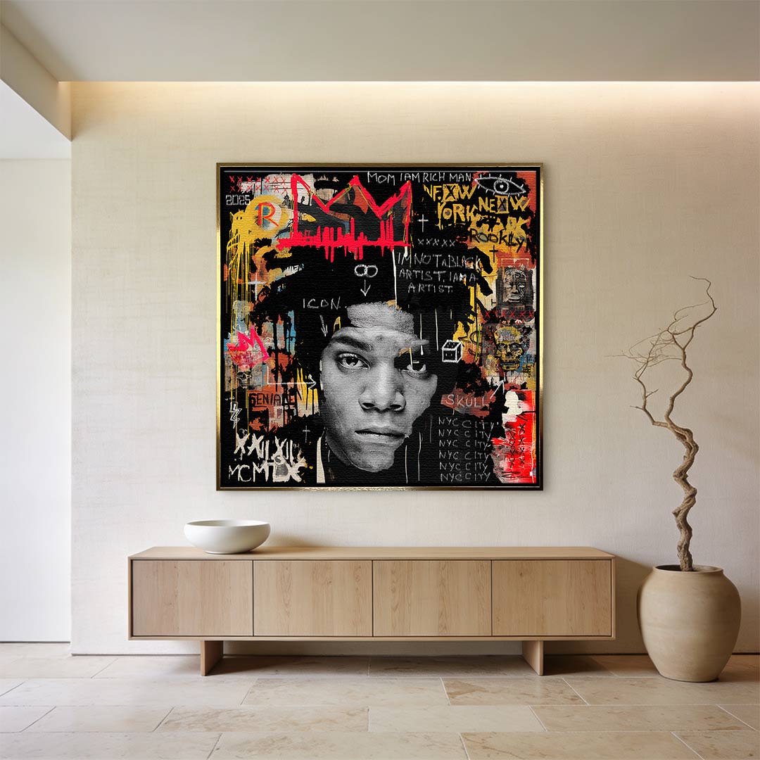 Nowoczesny obraz na płótnie przedstawiający portret artysty w stylu pop-art z czerwoną koroną, wydruk galeryjny Huephant, sztuka nowoczesna do biura.