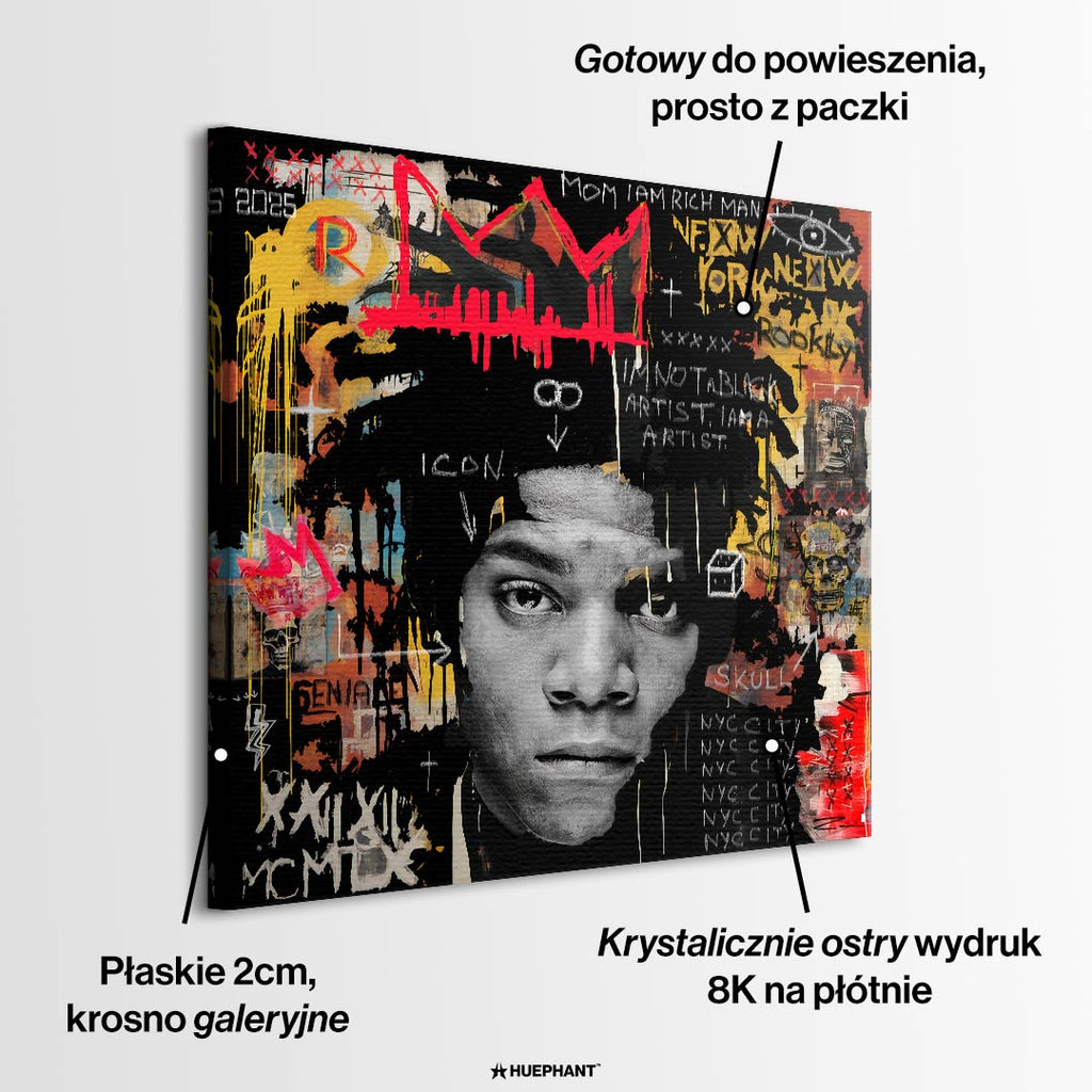 Nowoczesny obraz na płótnie przedstawiający portret artysty w stylu pop-art z czerwoną koroną, wydruk galeryjny Huephant, sztuka nowoczesna do biura.