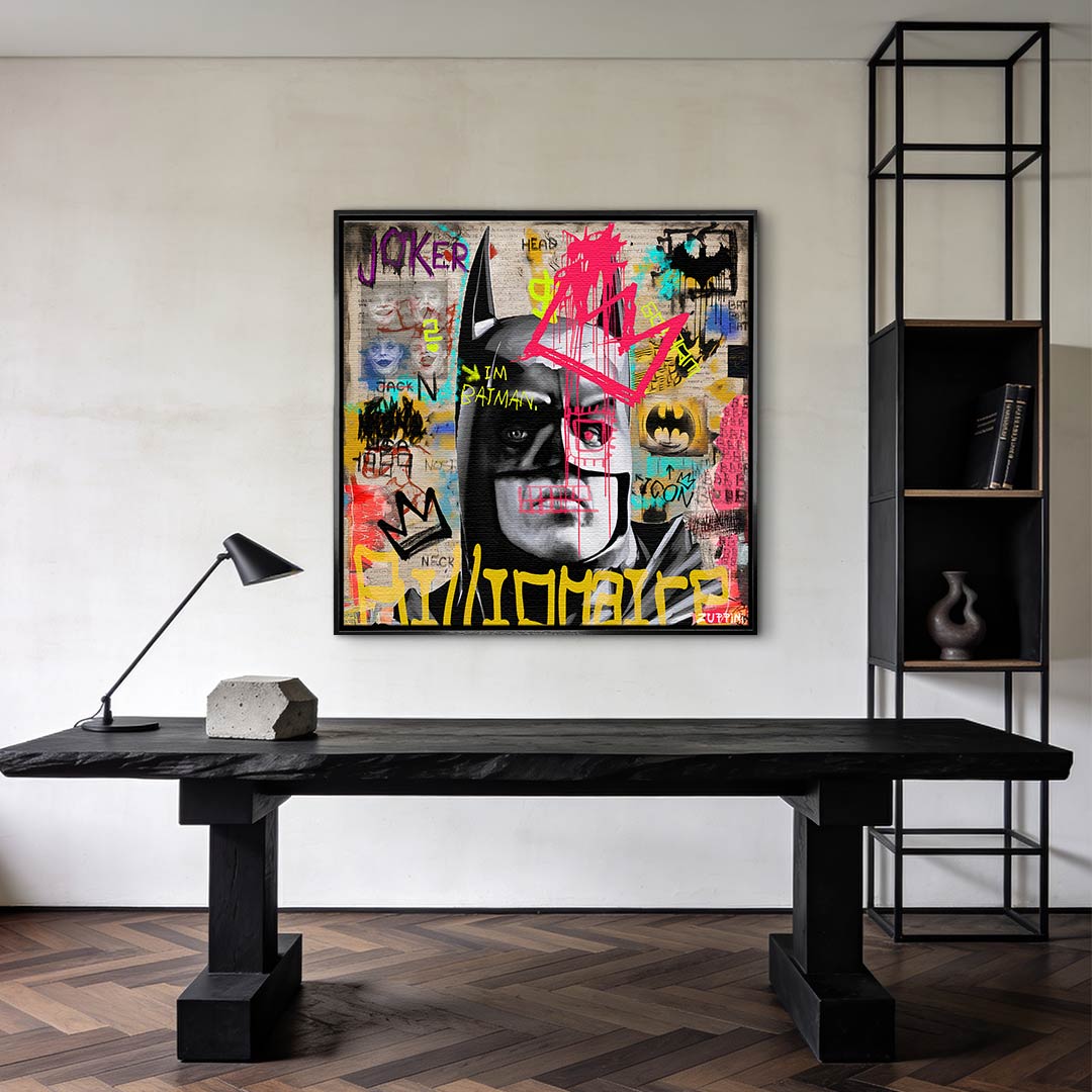 Obraz na płótnie Batman Billionaire. Nowoczesny wydruk galeryjny łączący pop art i street art. Sztuka nowoczesna z motywem Batmana i wyrazistym graffiti.