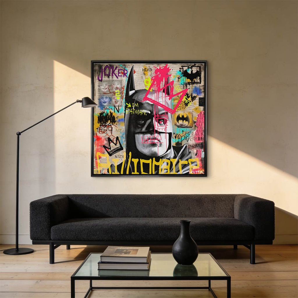 Obraz na płótnie Batman Billionaire. Nowoczesny wydruk galeryjny łączący pop art i street art. Sztuka nowoczesna z motywem Batmana i wyrazistym graffiti.