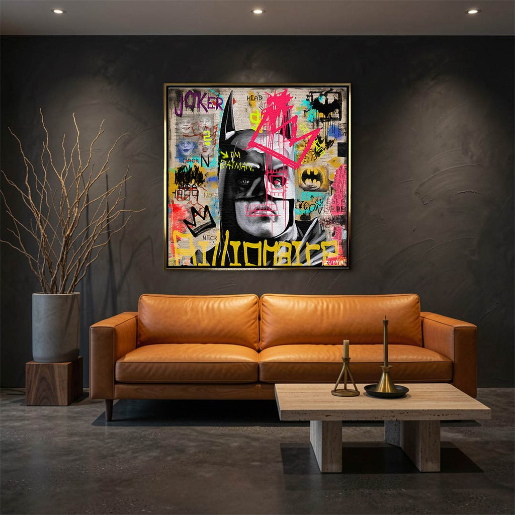 Obraz na płótnie Batman Billionaire. Nowoczesny wydruk galeryjny łączący pop art i street art. Sztuka nowoczesna z motywem Batmana i wyrazistym graffiti.
