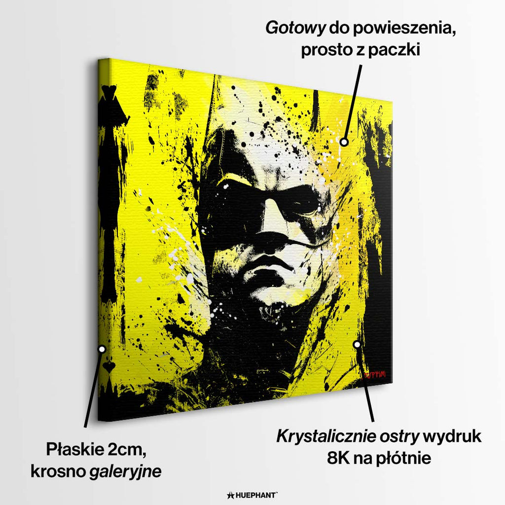 Obraz na płótnie z twarzą Batmana w stylu splash art i pop-art na jaskrawym, żółtym tle. Nowoczesny wydruk galeryjny, sztuka komiksowa urban art.