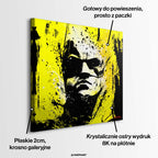 Obraz na płótnie z twarzą Batmana w stylu splash art i pop-art na jaskrawym, żółtym tle. Nowoczesny wydruk galeryjny, sztuka komiksowa urban art.