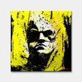 Obraz na płótnie z twarzą Batmana w stylu splash art i pop-art na jaskrawym, żółtym tle. Nowoczesny wydruk galeryjny, sztuka komiksowa urban art.