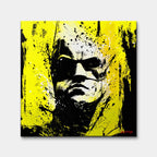 Obraz na płótnie z twarzą Batmana w stylu splash art i pop-art na jaskrawym, żółtym tle. Nowoczesny wydruk galeryjny, sztuka komiksowa urban art.