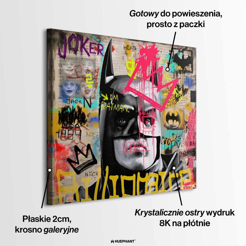 Obraz na płótnie Batman Billionaire. Nowoczesny wydruk galeryjny łączący pop art i street art. Sztuka nowoczesna z motywem Batmana i wyrazistym graffiti.