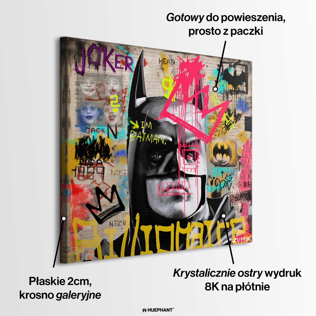 Obraz na płótnie Batman Billionaire. Nowoczesny wydruk galeryjny łączący pop art i street art. Sztuka nowoczesna z motywem Batmana i wyrazistym graffiti.