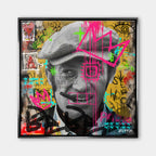 Obraz na płótnie przedstawiający aktora Jeana-Paula Belmondo z cygarem w stylu pop-art i graffiti. Nowoczesny wydruk galeryjny Huephant.