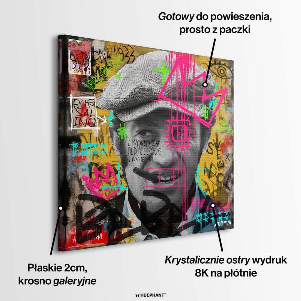 Obraz na płótnie przedstawiający aktora Jeana-Paula Belmondo z cygarem w stylu pop-art i graffiti. Nowoczesny wydruk galeryjny Huephant.