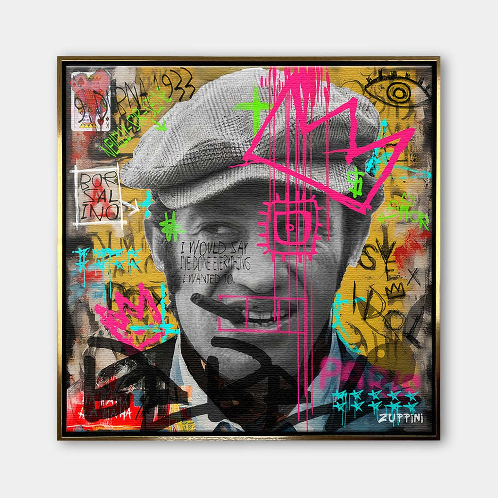 Obraz na płótnie przedstawiający aktora Jeana-Paula Belmondo z cygarem w stylu pop-art i graffiti. Nowoczesny wydruk galeryjny Huephant.