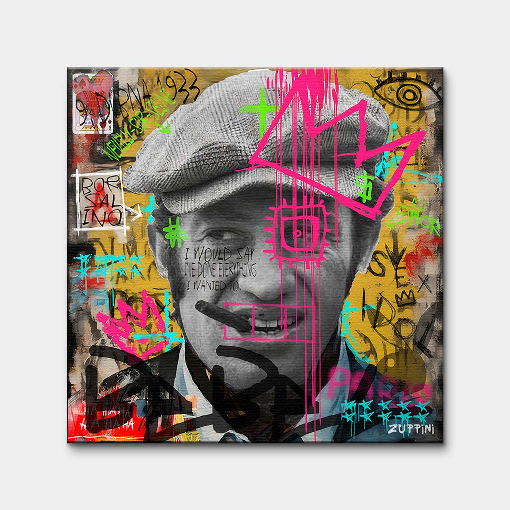 Obraz na płótnie przedstawiający aktora Jeana-Paula Belmondo z cygarem w stylu pop-art i graffiti. Nowoczesny wydruk galeryjny Huephant.
