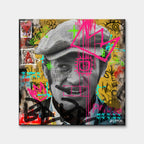 Obraz na płótnie przedstawiający aktora Jeana-Paula Belmondo z cygarem w stylu pop-art i graffiti. Nowoczesny wydruk galeryjny Huephant.