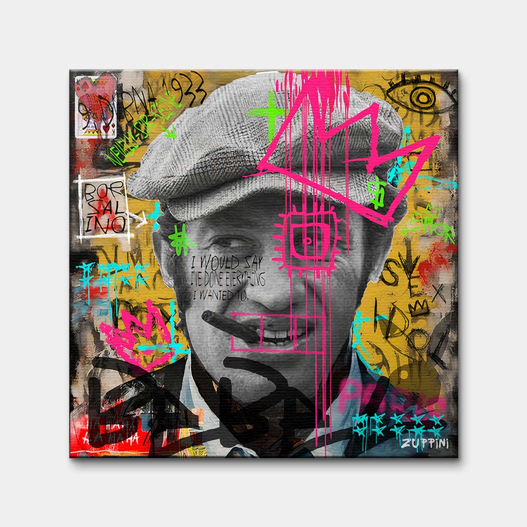 Obraz na płótnie przedstawiający aktora Jeana-Paula Belmondo z cygarem w stylu pop-art i graffiti. Nowoczesny wydruk galeryjny Huephant.