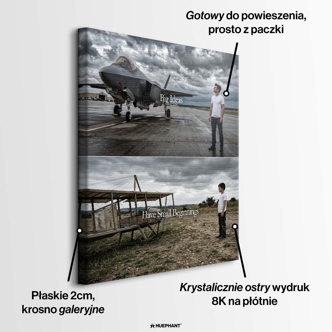 Motywacyjny obraz na płótnie z myśliwcem wojskowym i starym samolotem oraz napisem Big Ideas Have Small Beginnings. Wydruk galeryjny do biura.