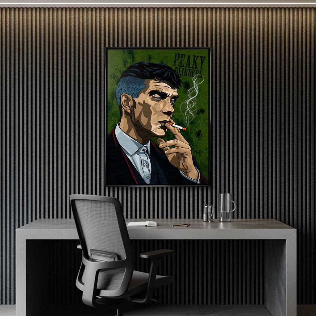 Obraz na płótnie przedstawiający mężczyznę w garniturze z papierosem na zielonym tle, styl pop art, wydruk galeryjny.