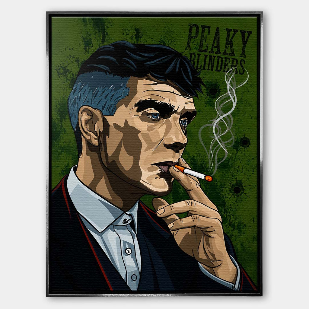 Obraz na płótnie przedstawiający mężczyznę w garniturze z papierosem na zielonym tle, styl pop art, wydruk galeryjny.