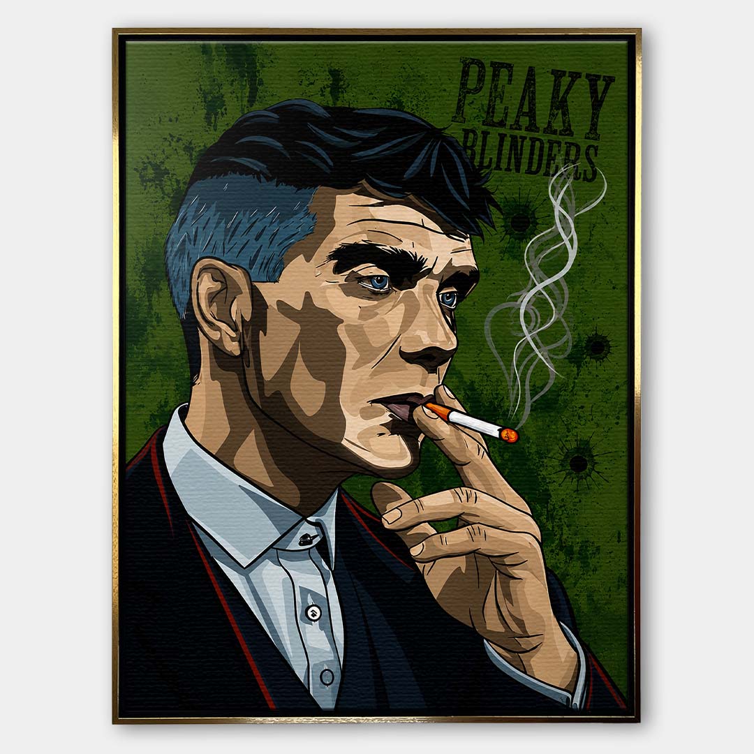 Obraz na płótnie przedstawiający mężczyznę w garniturze z papierosem na zielonym tle, styl pop art, wydruk galeryjny.