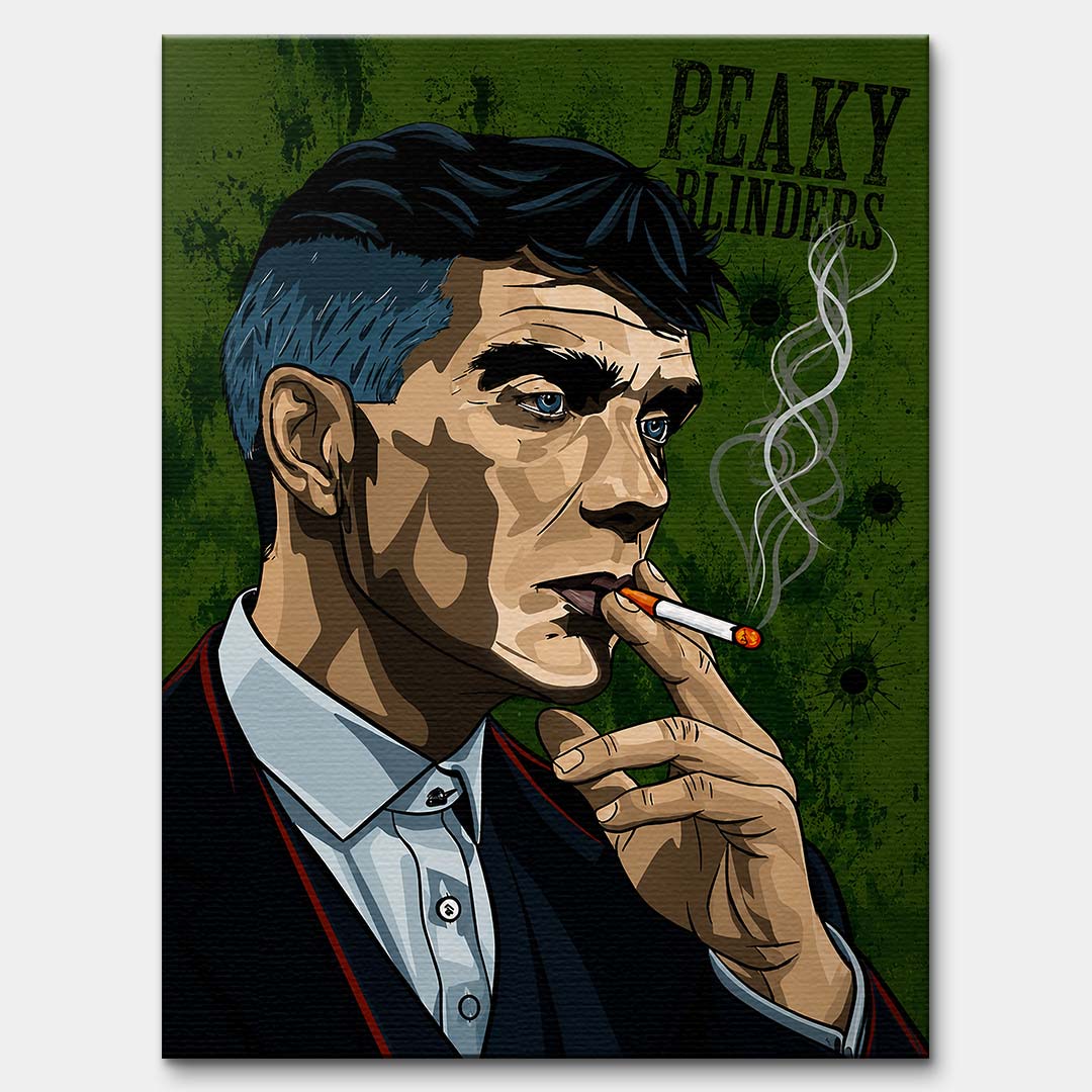 Obraz na płótnie przedstawiający mężczyznę w garniturze z papierosem na zielonym tle, styl pop art, wydruk galeryjny.