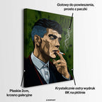 Obraz na płótnie przedstawiający mężczyznę w garniturze z papierosem na zielonym tle, styl pop art, wydruk galeryjny.
