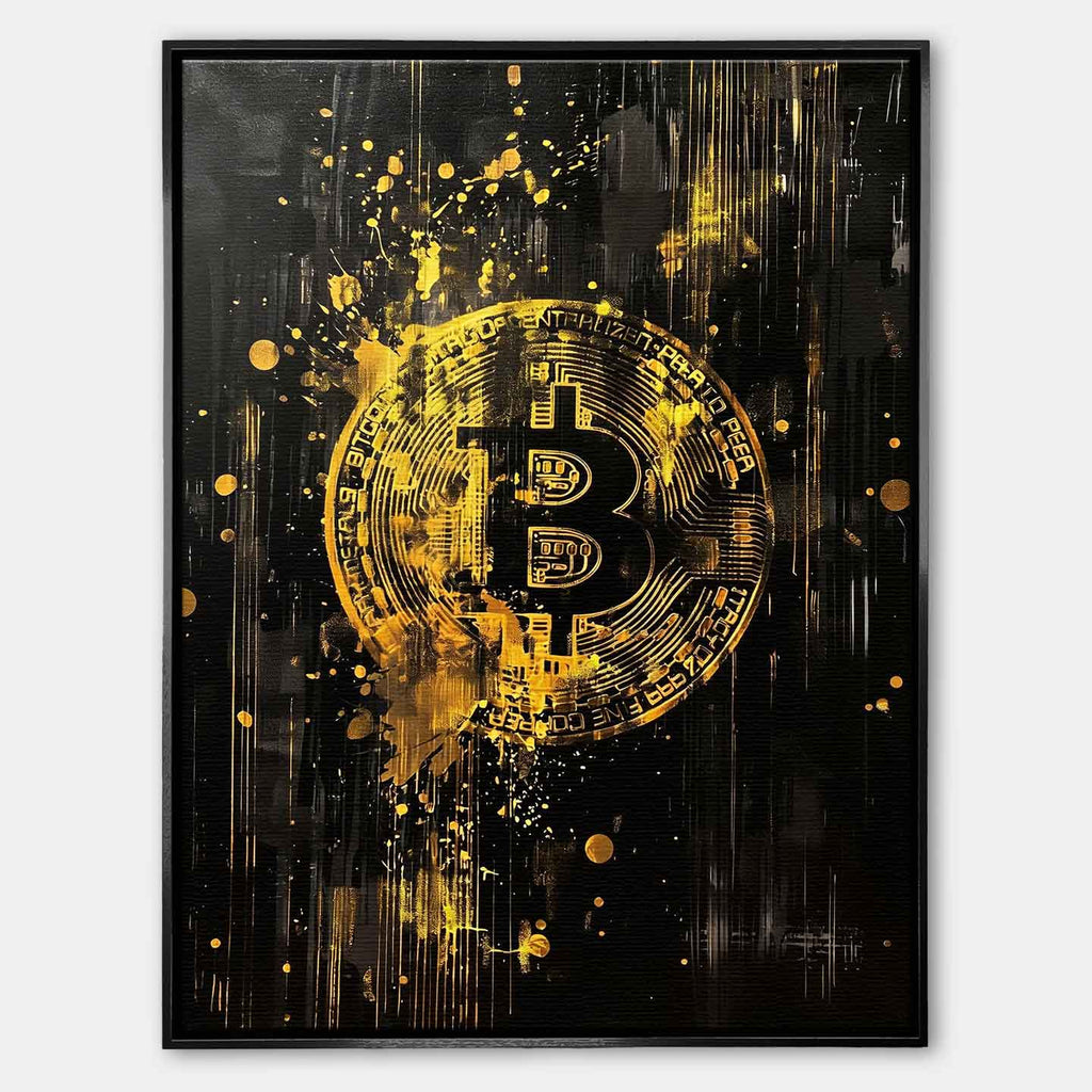 Obraz na płótnie Bitcoin Black. Sztuka nowoczesna i wydruk galeryjny ukazujący złote, dynamiczne logo kryptowaluty na czarnym tle z efektem rozbryzgu.