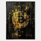 Obraz na płótnie Bitcoin Black. Sztuka nowoczesna i wydruk galeryjny ukazujący złote, dynamiczne logo kryptowaluty na czarnym tle z efektem rozbryzgu.