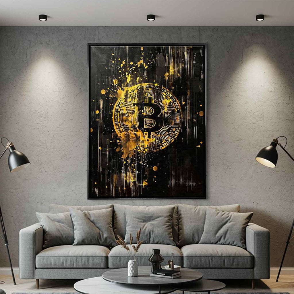Obraz na płótnie Bitcoin Black. Sztuka nowoczesna i wydruk galeryjny ukazujący złote, dynamiczne logo kryptowaluty na czarnym tle z efektem rozbryzgu.