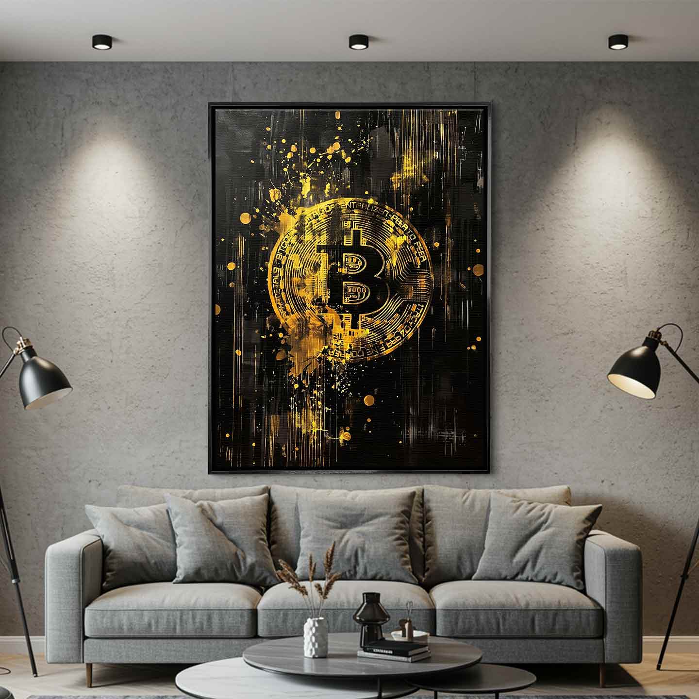 Obraz na płótnie Bitcoin Black. Sztuka nowoczesna i wydruk galeryjny ukazujący złote, dynamiczne logo kryptowaluty na czarnym tle z efektem rozbryzgu.