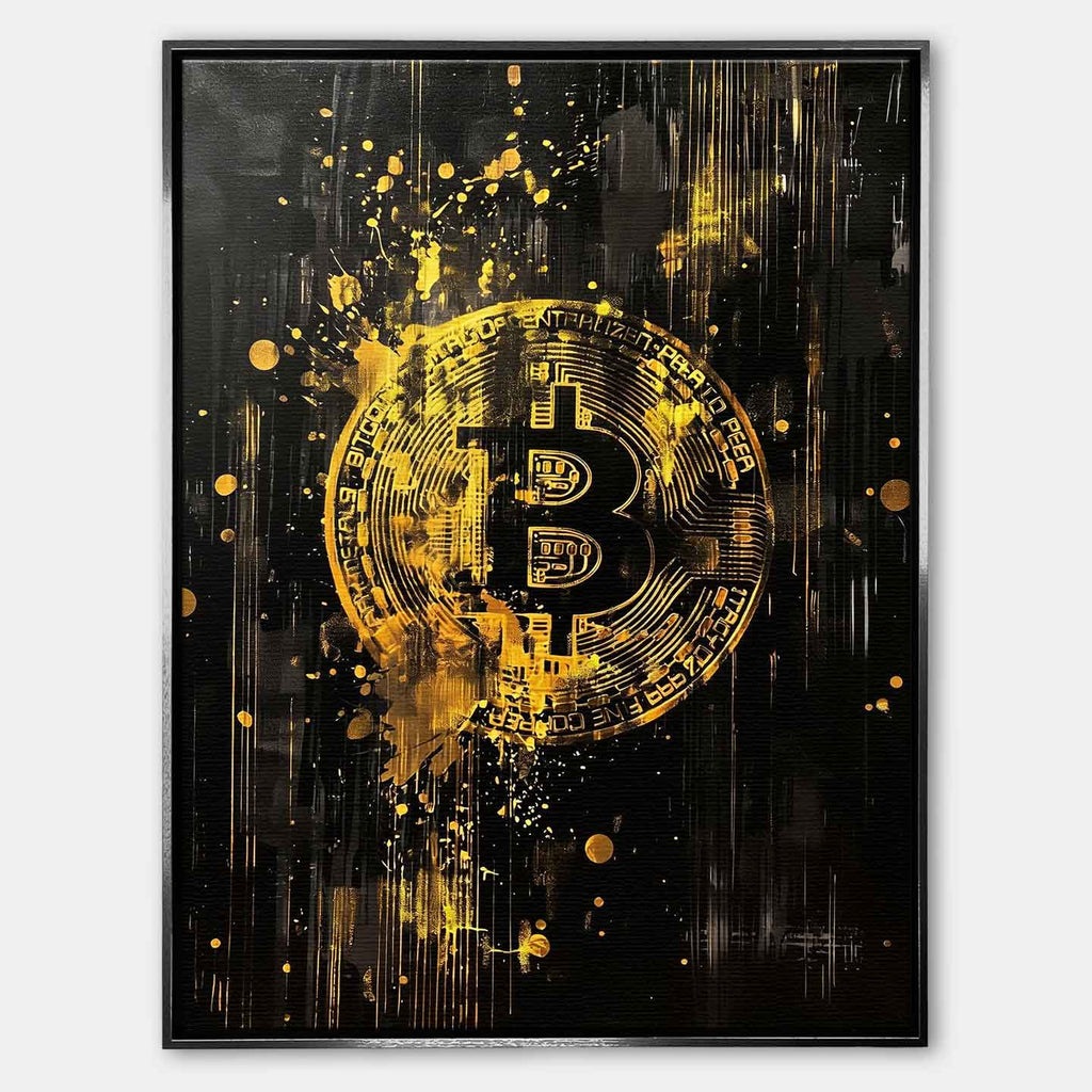 Obraz na płótnie Bitcoin Black. Sztuka nowoczesna i wydruk galeryjny ukazujący złote, dynamiczne logo kryptowaluty na czarnym tle z efektem rozbryzgu.