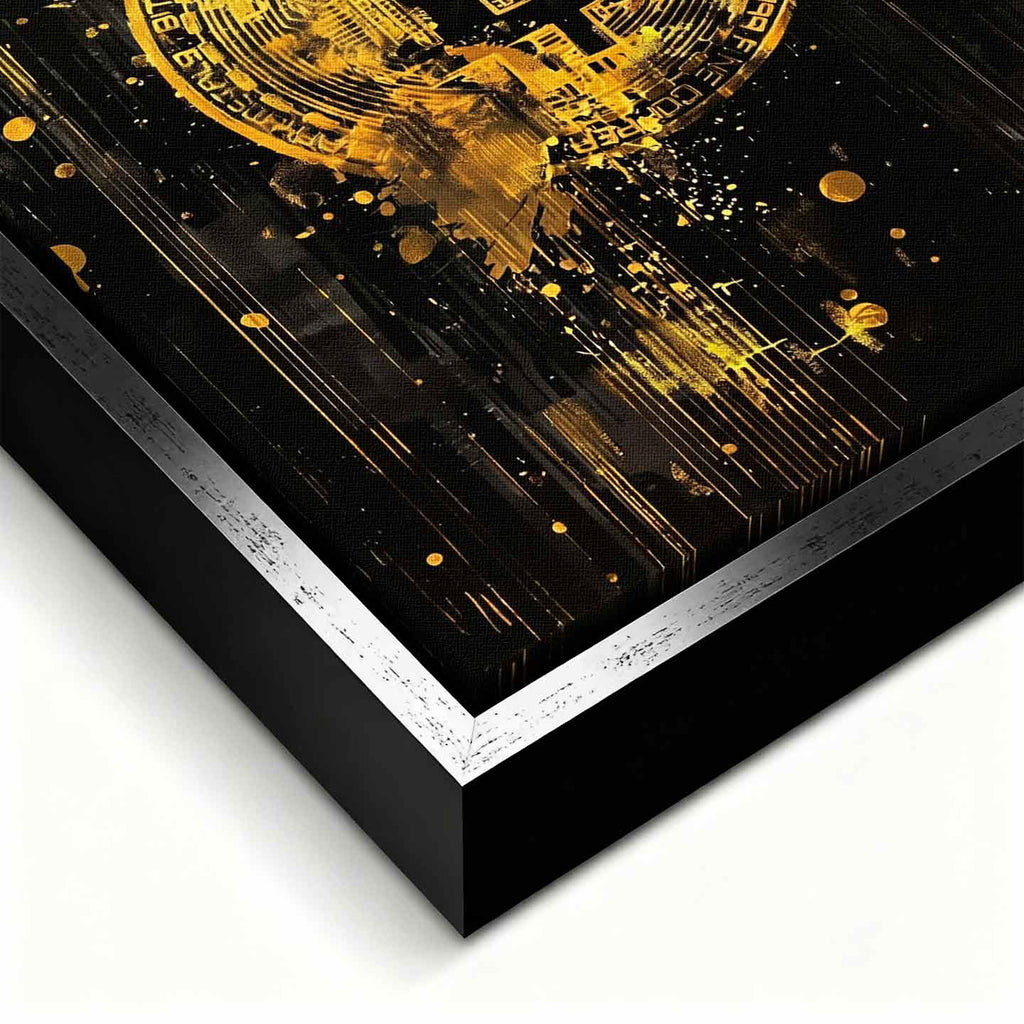 Obraz na płótnie Bitcoin Black. Sztuka nowoczesna i wydruk galeryjny ukazujący złote, dynamiczne logo kryptowaluty na czarnym tle z efektem rozbryzgu.