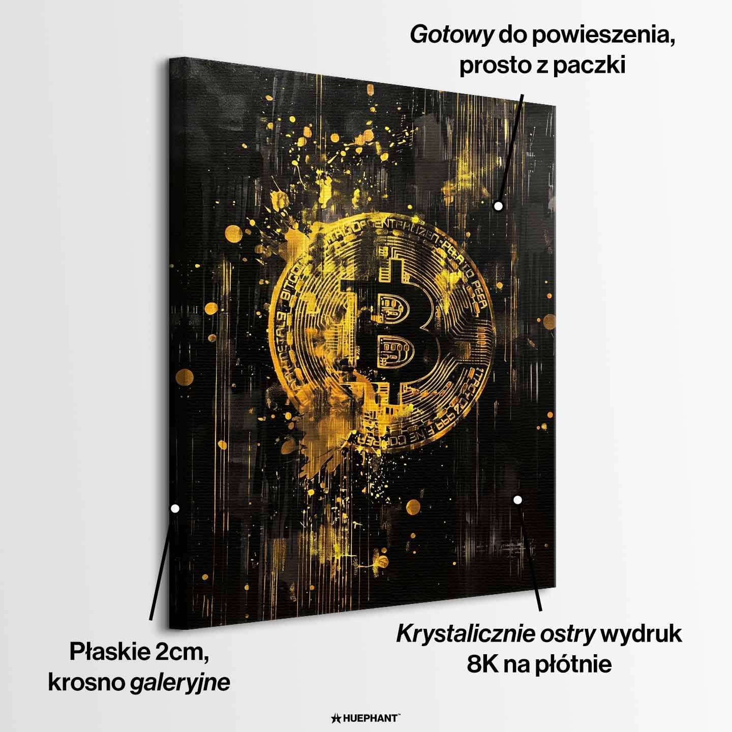 Obraz na płótnie Bitcoin Black. Sztuka nowoczesna i wydruk galeryjny ukazujący złote, dynamiczne logo kryptowaluty na czarnym tle z efektem rozbryzgu.
