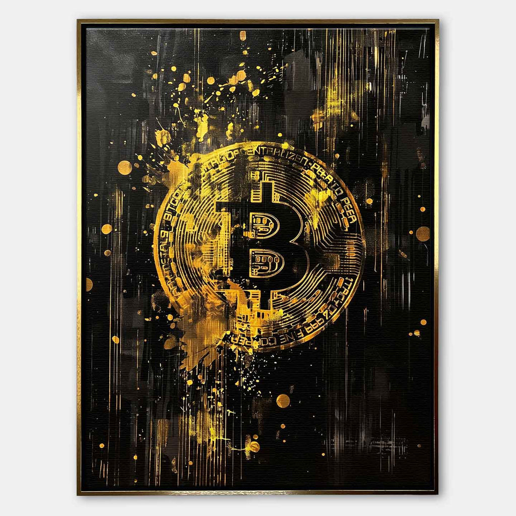 Obraz na płótnie Bitcoin Black. Sztuka nowoczesna i wydruk galeryjny ukazujący złote, dynamiczne logo kryptowaluty na czarnym tle z efektem rozbryzgu.