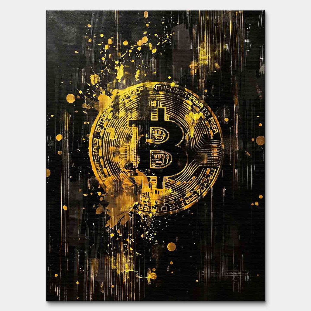 Obraz na płótnie Bitcoin Black. Sztuka nowoczesna i wydruk galeryjny ukazujący złote, dynamiczne logo kryptowaluty na czarnym tle z efektem rozbryzgu.