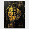 Obraz na płótnie Bitcoin Black. Sztuka nowoczesna i wydruk galeryjny ukazujący złote, dynamiczne logo kryptowaluty na czarnym tle z efektem rozbryzgu.
