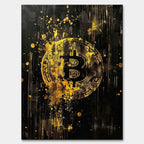 Obraz na płótnie Bitcoin Black. Sztuka nowoczesna i wydruk galeryjny ukazujący złote, dynamiczne logo kryptowaluty na czarnym tle z efektem rozbryzgu.