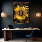 Obraz na płótnie „Bitcoin Gold” – złoty symbol kryptowaluty Bitcoin na ciemnym tle, nowoczesna sztuka inspirowana finansami i luksusem.