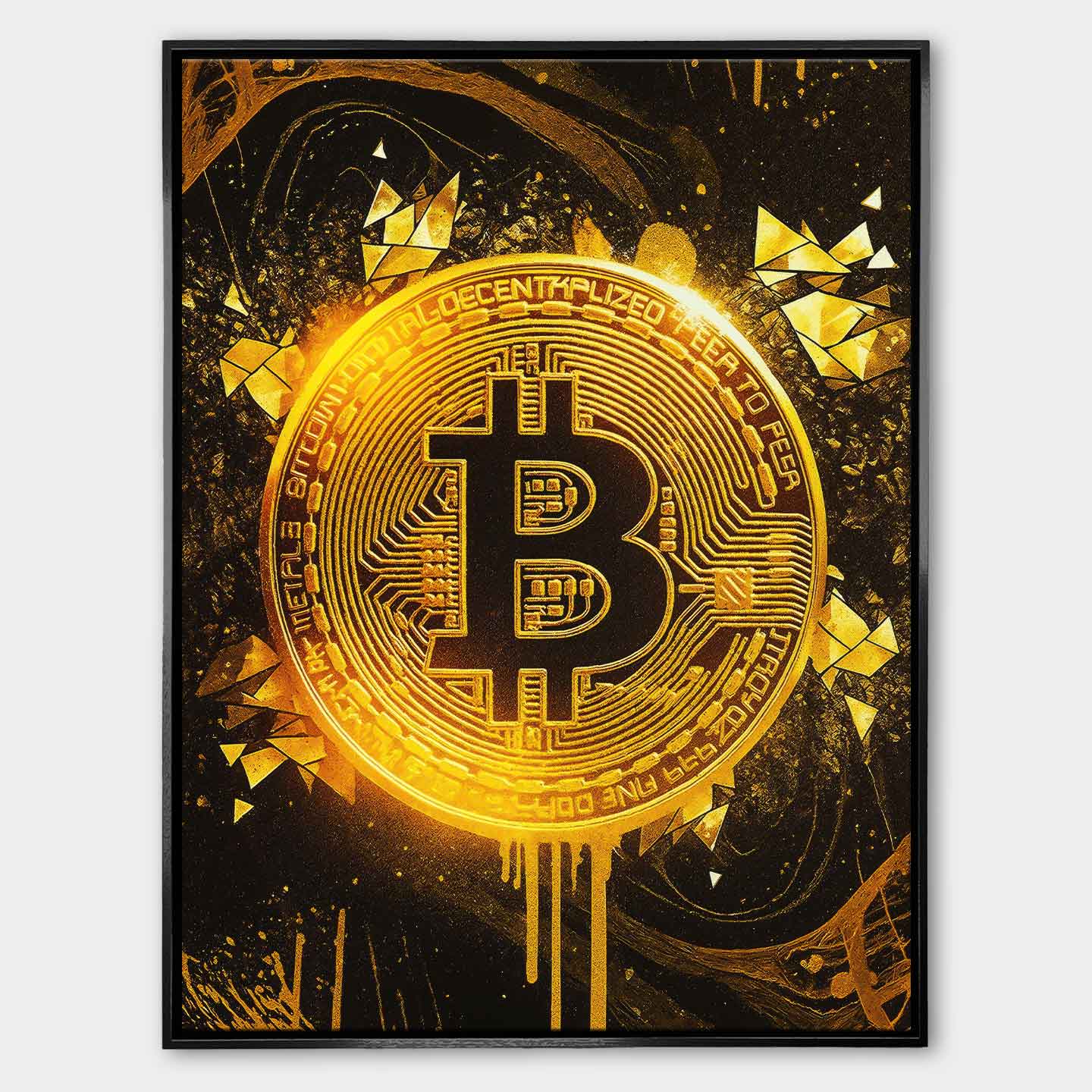Obraz na płótnie „Bitcoin Gold” – złoty symbol kryptowaluty Bitcoin na ciemnym tle, nowoczesna sztuka inspirowana finansami i luksusem.