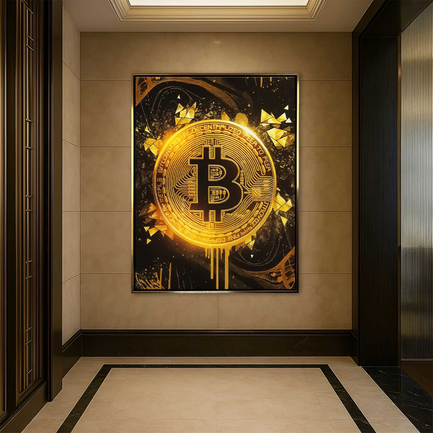 Obraz na płótnie „Bitcoin Gold” – złoty symbol kryptowaluty Bitcoin na ciemnym tle, nowoczesna sztuka inspirowana finansami i luksusem.