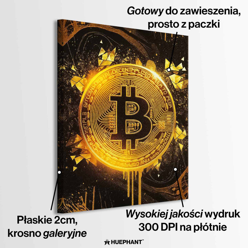 Obraz na płótnie „Bitcoin Gold” – złoty symbol kryptowaluty Bitcoin na ciemnym tle, nowoczesna sztuka inspirowana finansami i luksusem.