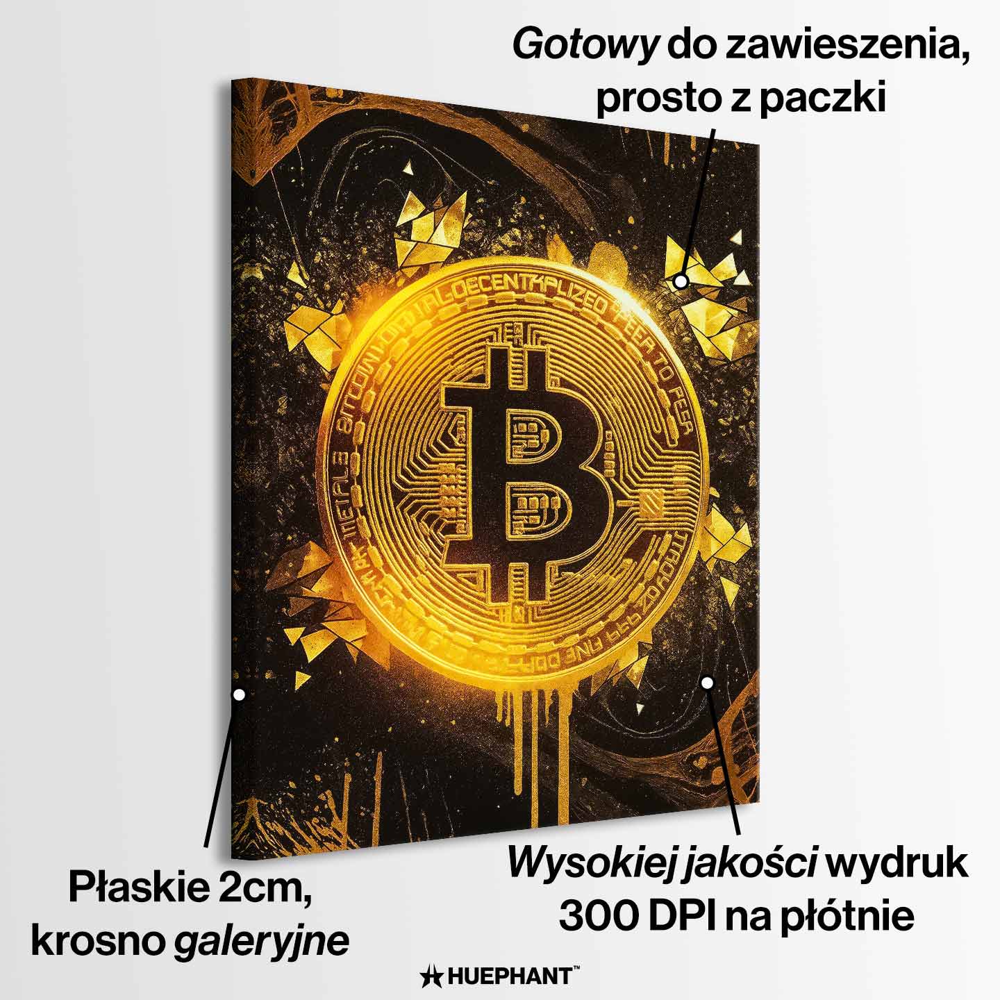 Obraz na płótnie „Bitcoin Gold” – złoty symbol kryptowaluty Bitcoin na ciemnym tle, nowoczesna sztuka inspirowana finansami i luksusem.