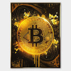 Obraz na płótnie „Bitcoin Gold” – złoty symbol kryptowaluty Bitcoin na ciemnym tle, nowoczesna sztuka inspirowana finansami i luksusem.