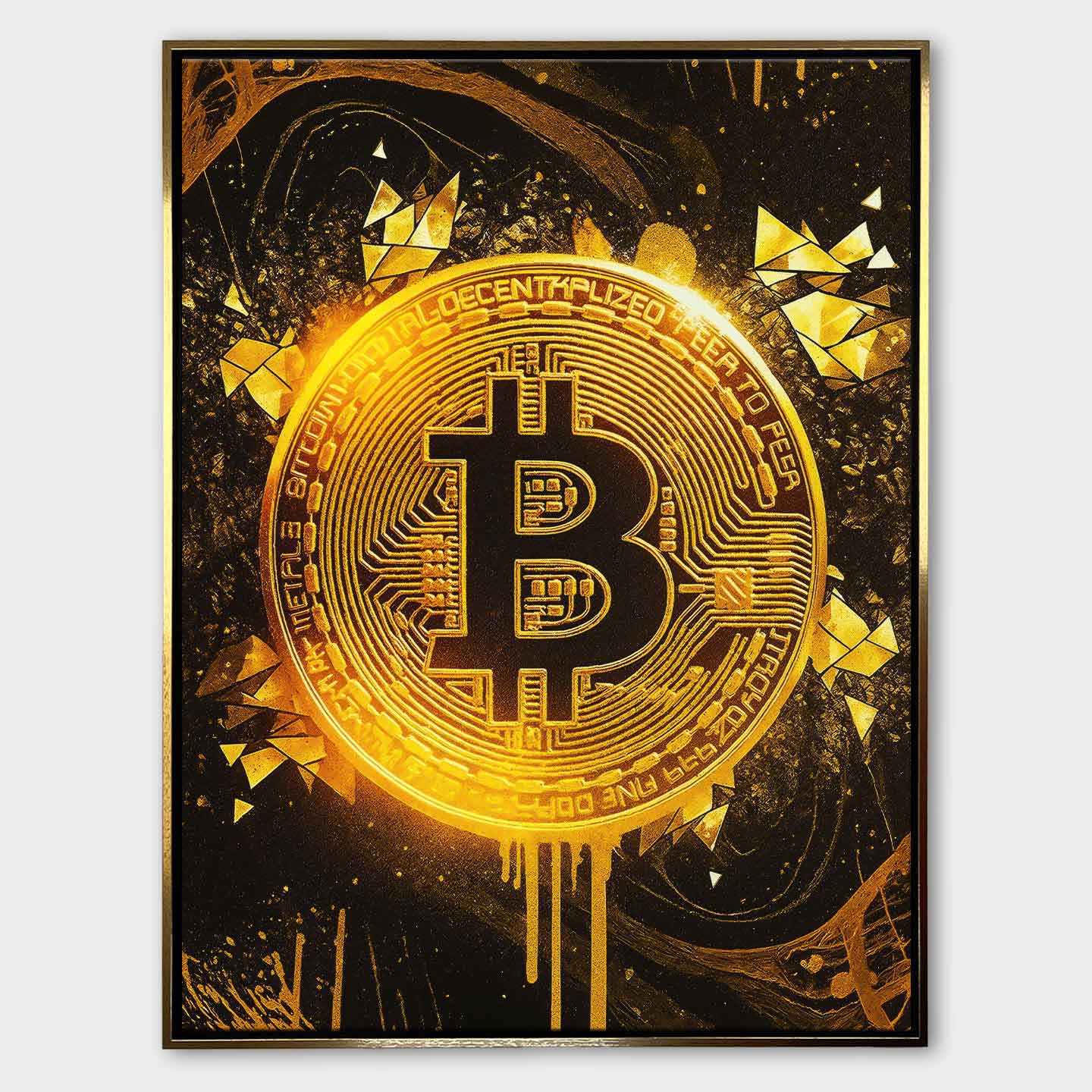 Obraz na płótnie „Bitcoin Gold” – złoty symbol kryptowaluty Bitcoin na ciemnym tle, nowoczesna sztuka inspirowana finansami i luksusem.