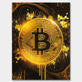 Obraz na płótnie „Bitcoin Gold” – złoty symbol kryptowaluty Bitcoin na ciemnym tle, nowoczesna sztuka inspirowana finansami i luksusem.