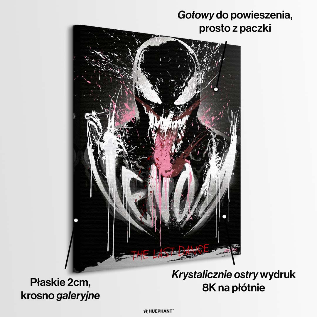 Obraz na płótnie Black Fury – mroczna postać w czerni, bieli i czerwieni, ekspresyjne rozbryzgi farby, nowoczesny wydruk galeryjny.