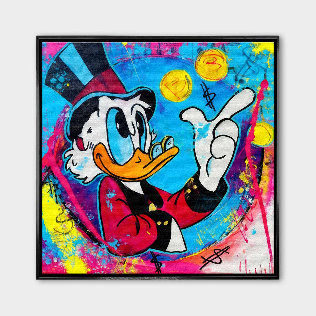 Obraz na płótnie Blue Duck z komiksową kaczą postacią, monetami i kolorowym tłem w stylu pop-art, nowoczesny wydruk galeryjny.