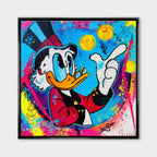 Obraz na płótnie Blue Duck z komiksową kaczą postacią, monetami i kolorowym tłem w stylu pop-art, nowoczesny wydruk galeryjny.
